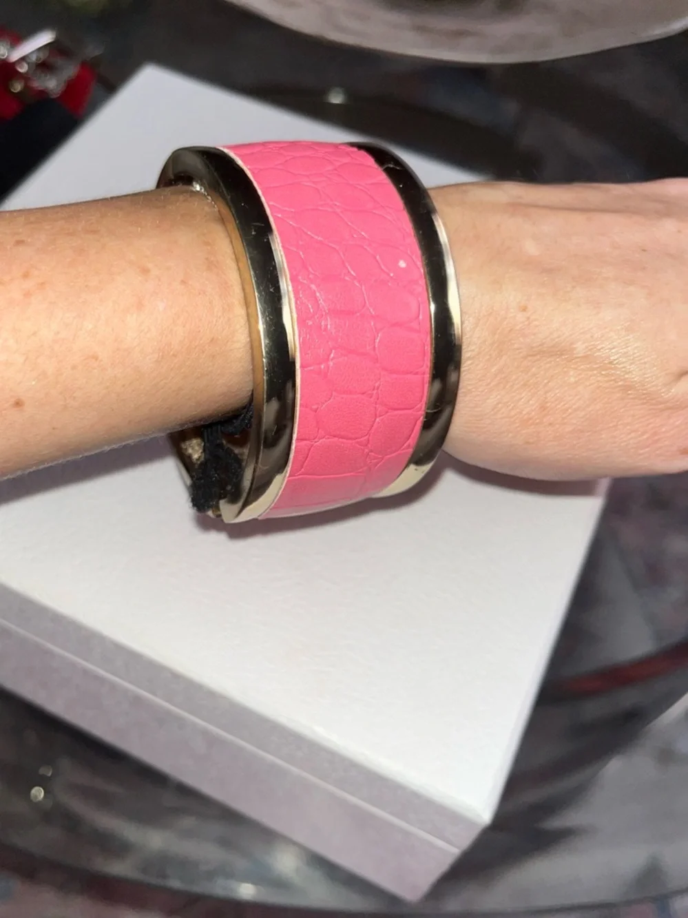 Pink Leather-Textured Statement Braclet/Cuff